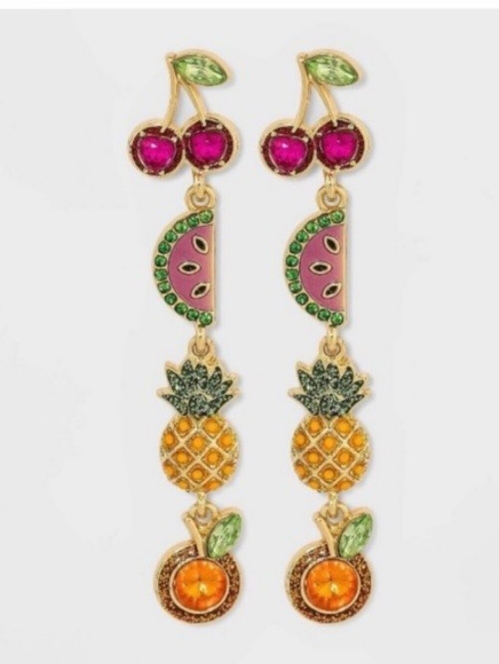 Gold-Tone Tropical Fruit Drop Earrings in Pink, Green and Orange